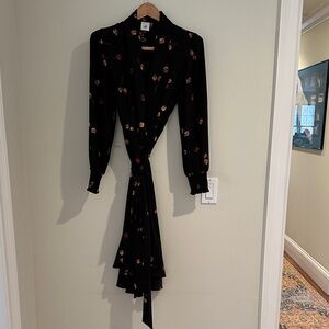CAbi Black Floral Long Sleeve Wrap Dress